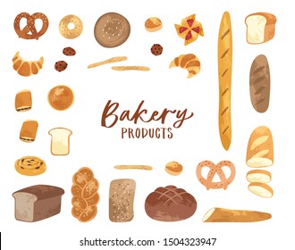 Set of different types, shapes and sizes of breads and homemade baked products: croissant, loaf, bun, baguette, toast, pretzel. Bakery goods set use for cooking books, restaurant menu, posters, labels
