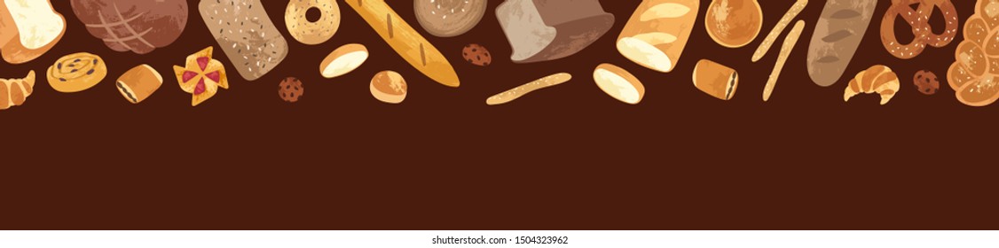 Set of different types, shapes and sizes of breads and homemade baked products: croissant, loaf, bun, baguette, toast, pretzel. Bakery goods set use for cooking books, restaurant menu, posters, labels