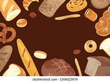 Set of different types, shapes and sizes of breads and homemade baked products: croissant, loaf, bun, baguette, toast, pretzel. Bakery goods set use for cooking books, restaurant menu, posters, labels