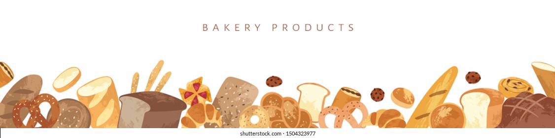 Set of different types, shapes and sizes of breads and homemade baked products: croissant, loaf, bun, baguette, toast, pretzel. Bakery goods set use for cooking books, restaurant menu, posters, labels