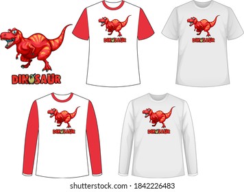 Set of different types of shirt in dinosaur theme with dinosaur logo illustration