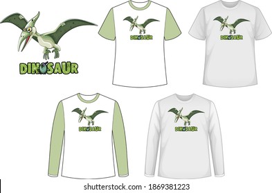 Set of different types of shirt in dinosaur theme with dinosaur logo illustration