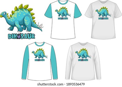Set of different types of shirt in dinosaur theme with dinosaur logo illustration