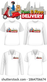 Set of different types of shirts with fast and free delivery logo screen on shirts illustration