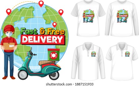 Set of different types of shirts with fast and free delivery logo screen on shirts illustration