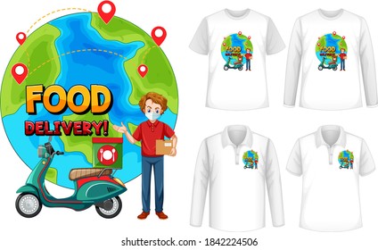 Set of different types of shirts with food delivery logo screen on shirts illustration
