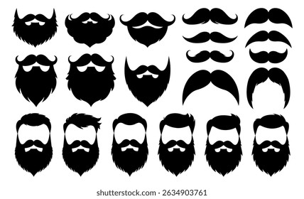Set Of Different Types Silhouettes Of Beards And Mustaches, Isolated On White Background. Vector illustration