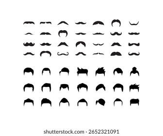 Conjunto de diferentes tipos de silhuetas de bigodes e penteado de homens. Mustache e coleção de penteados