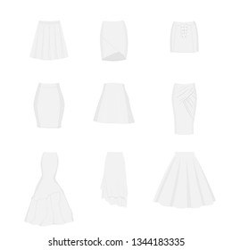 Set of different types of skirts. A-line, tube, mini, pencil, circle, draped, mermaid, asymmetrical and box pleated