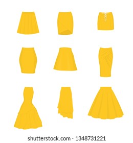 Set of different types of skirts. A-line, tube, mini, pencil, circle, draped, mermaid, asymmetrical and box pleated