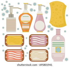 A set of different types of soap for hands, body, home. Cleaning, washing. Different colors, soap bubbles, hard handmade soaps, soap dispensers, bottles, bottles, sponges.