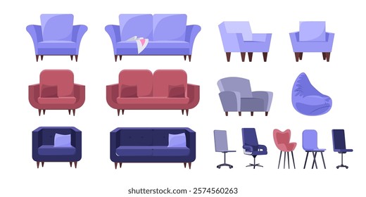 Set of different types of sofas, armchairs, chairs, poufs on an isolated background. Vector collection in a flat style