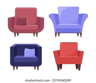 Set of different types of sofas, armchairs on an isolated background. Vector collection in a flat style