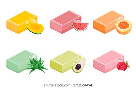 Set of different types of solid soap with watermelon, avocado, rose, mango, orange, aloe. Vector illustration in flat cartoon style