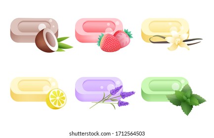 Set of different types of solid soap with coconut, strawberry, vanilla, lemon, lavender, mint. Vector illustration in flat cartoon style