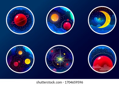 Set of different types of space scenarios, unknown universe landscapes in bright colors strikers collection, full of stars, nebula and light