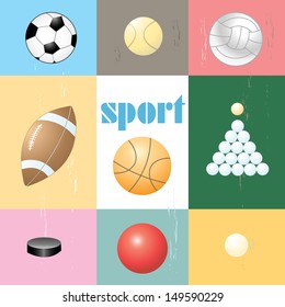 set of different types of sports balls on colored backgrounds 