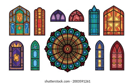 Set of different types of stained glass mosaic windows of a gothic church flat vector illustration