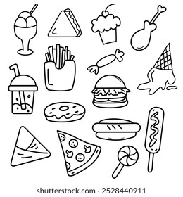 Set of different types of street food. Doodles, hand drawn style. Нot dog, slice of pizza, ice cream, lemonade, burger, sushi, French fries, cupcakes, corn dog. Line art.