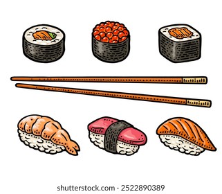 Prepara diferentes tipos de sushi con pescado, caviar y camarones. Ahi, amaebi, unagi, nigiri, ikura, tamago. Aislado sobre fondo blanco. Grabado de Vector en color de Antiguas