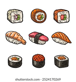 Prepara diferentes tipos de sushi con pescado, caviar y camarones. Ahi, amaebi, unagi, nigiri, ikura, tamago. Aislado sobre fondo blanco. Grabado de Vector en color de Antiguas