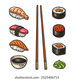 Prepara diferentes tipos de sushi con pescado, caviar y camarones. Ahi, amaebi, unagi, nigiri, ikura, tamago. Aislado sobre fondo blanco. Grabado de Vector en color de Antiguas