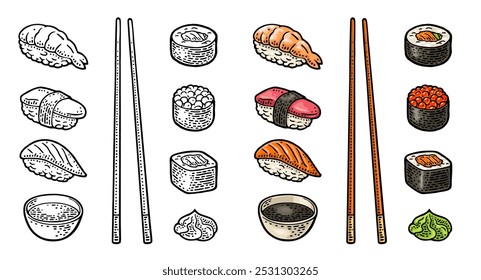 Prepara diferentes tipos de sushi con pescado, caviar y camarones. Ahi, amaebi, unagi, nigiri, ikura, tamago. Aislado sobre fondo blanco. Grabado de Vector en color de Antiguas