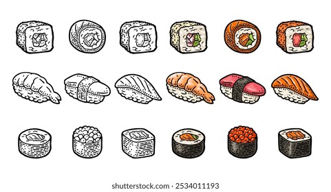 Prepara diferentes tipos de sushi con pescado, caviar y camarones. Ahi, amaebi, unagi, nigiri, ikura, tamago, California, Filadelfia, masago. Aislado en blanco. Grabado de Vector en color de Antiguas