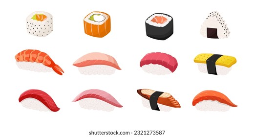 Set with different types of sushi philadelphia, maki roll, california, onigiri, nigiri cartoon flat vector isolated on white background. 