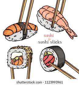 Set with different types of sushi and rolls on white background. Famous Japanese dishes with sushi sticks. Colorful vector illustration in sketch style.