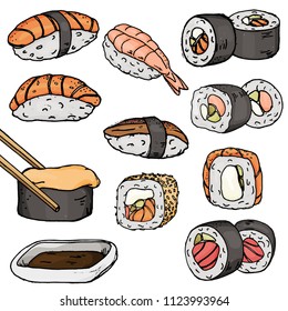 Set with different types of sushi and rolls, famous Japanese dishes on a white background. Colorful vector illustration in sketch style.