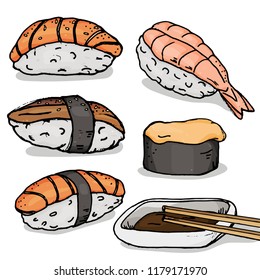 Set with different types of sushi and rolls, famous Japanese dishes on a white background. Colorful vector illustration in sketch style.