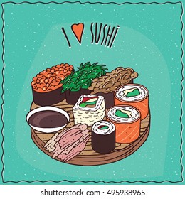 Set of different types of sushi rolls known as Gunkan or Gunkanmaki and Maki or Makizushi, on flat wooden plate with ginger and soy sauce. Handmade cartoon style. Vector illustration