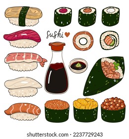 Set aus verschiedenen Arten von Sushi und Sojasoße einzeln auf weißem Hintergrund. Vektorgrafiken.