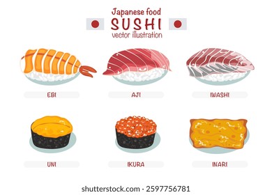 Set of different types of sushi vector illustration. Delicious food. Popular Japanese food. Nigiri sushi. Raw fish on rice. Recipe. Cooking. Menu. Restaurant. For food design, poster and background.
