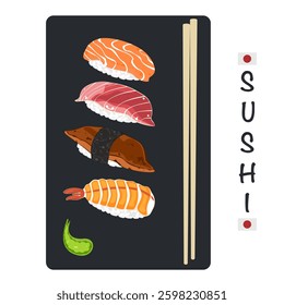 Set of different types of sushi vector illustration. Delicious food. Popular Japanese food. Nigiri sushi. Raw fish on rice. Recipe. Cooking. Menu. Restaurant. For food design, poster and background.