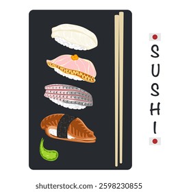 Set of different types of sushi vector illustration. Delicious food. Popular Japanese food. Nigiri sushi. Raw fish on rice. Recipe. Cooking. Menu. Restaurant. For food design, poster and background.