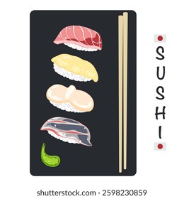 Set of different types of sushi vector illustration. Delicious food. Popular Japanese food. Nigiri sushi. Raw fish on rice. Recipe. Cooking. Menu. Restaurant. For food design, poster and background.