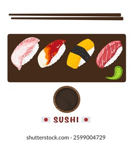 Set of different types of sushi vector illustration. Delicious food. Popular Japanese food. Nigiri sushi. Raw fish on rice. Recipe. Cooking. Menu. Restaurant. For food design, poster and background.