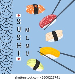 Set of different types of sushi vector illustration. Delicious food. Popular Japanese food. Nigiri sushi. Raw fish on rice. Recipe. Cooking. Menu. Restaurant. For food design, poster and background.