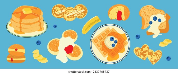 Set of different types of sweet breakfast. Illustrations of traditional breakfast pastries.