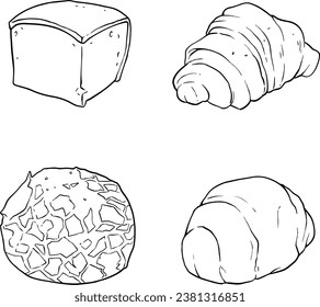 Set with different types of sweet buns, croissants, cheesecakes, buns with sugar, bakery. line vector set