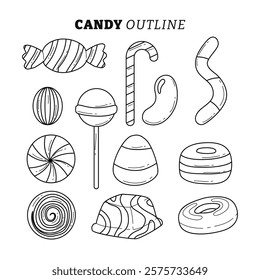 Set of different types of sweet candy  outline collection with line art style, hard candies dragee jelly beans peppermint candy, stripped Candies, lollipop, sugar caramel in wrapper, gums and twisted 