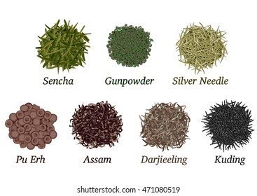 Set of different types of tea poured slide on a white background