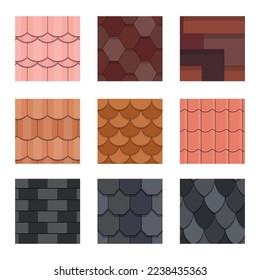 Set of different types of tiles, roofs for houses in a cartoon style. Vector illustration of colored tiles of different texture, materials isolated on white background.