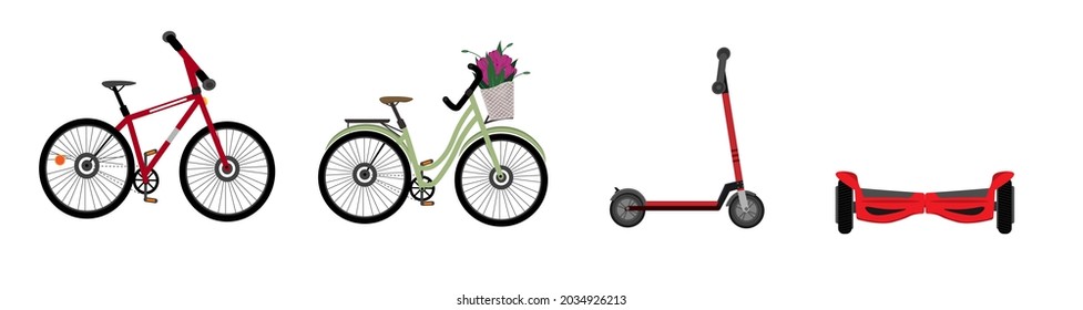 Set of different types of transport for city racing, bicycle, scooter and hoverboard, flat vector illustration
