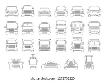 Set of different types of transport. Front and back view illustration. Compact car, service tow pick up, SUV, lorry ,tractor, tram, quadro bike, modern and vintage vehicle. Linear style.