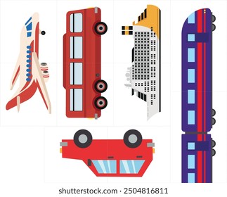 Satz verschiedener Transportarten, einschließlich Flugzeug, Zug, Bus, Zug, Taxi, Bus, Straßenbahn, Zug, Zug. Vektorgrafik.