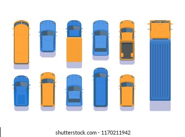 Set of different types of transport. Top aerial view illustration. City car, pick up, SUV, bus, lorry, heavy truck, van, microbus. Vector illustration isolated on white