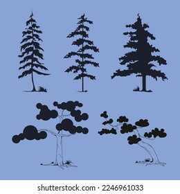 Set of different types of trees silhouette